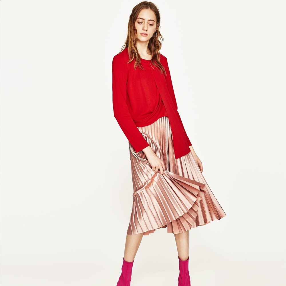 NWT Zara Shiny Pink Accordion Pleated Midi Skirt - Picture 2 of 8